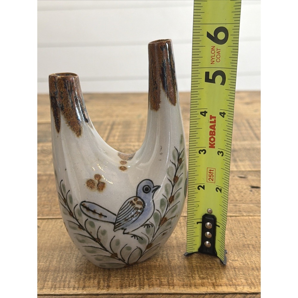 Vintage Tonala Mexico Double Spout Ceramic Vase 5 ¾" Folk Art Pottery Unsigned - Picture 9 of 10